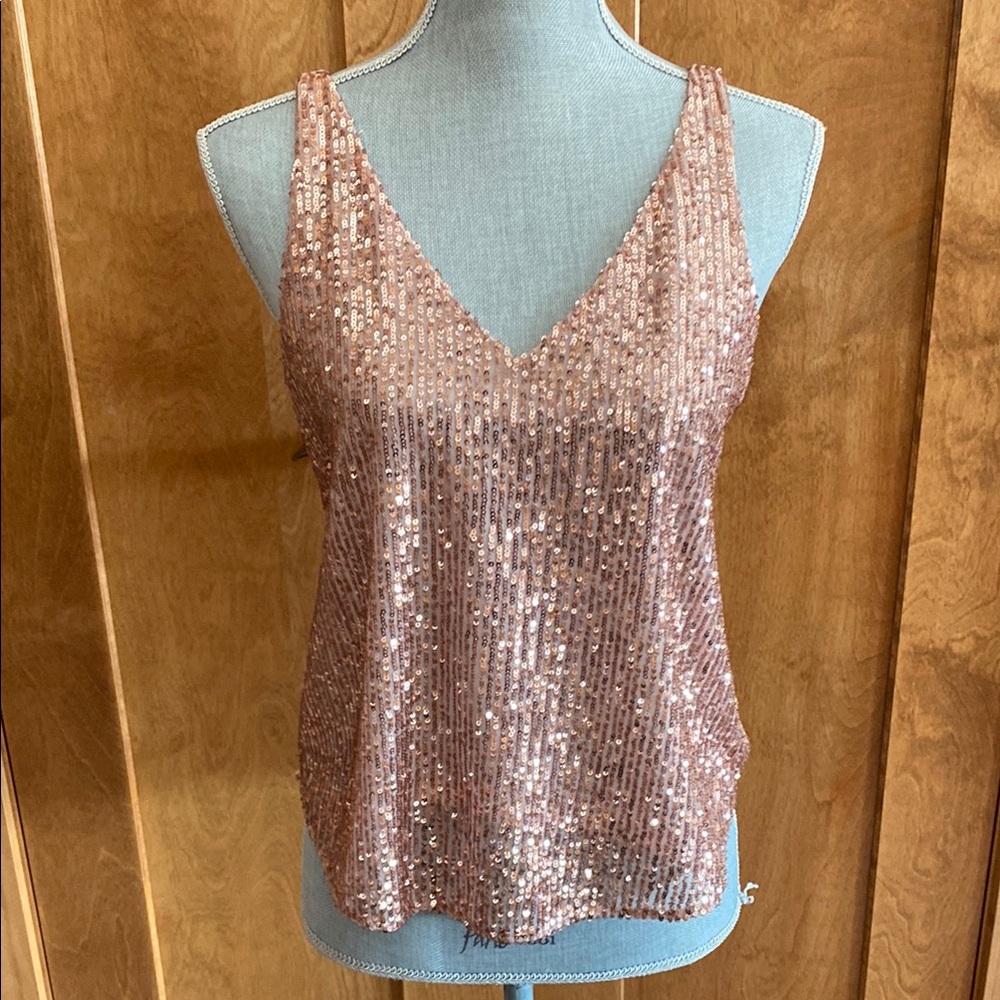 LOFT NWT Pink Sequin Sleeveless Double V Lined Tank Sz XS Petite